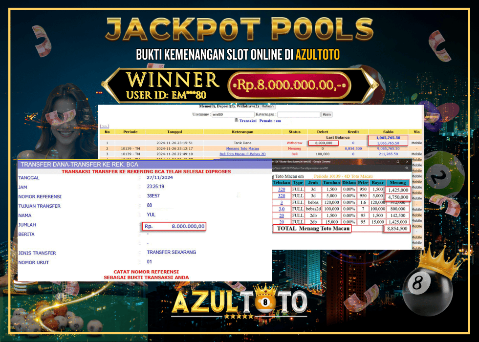 JACKPOT TOGEL TOTOMACAU 4D RP.8.000.000,- LUNAS DI AZULTOTO!