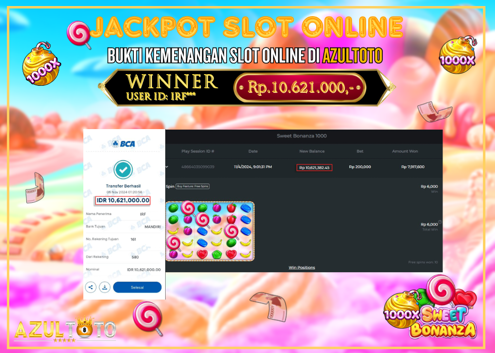 JACKPOT SLOT SWEET BONANZA 1000 RP.10.621.000,- LUNAS DI AZULTOTO!