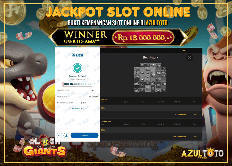 JACKPOT SLOT SPADEGAMING CLASH OF THE GIANTS RP.18.000.000,- LUNAS DI AZULTOTO!