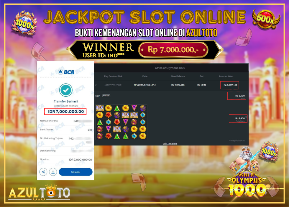JACKPOT SLOT GATES OF OLYMPUS 1000 RP.7.000.000,- LUNAS DI AZULTOTO!
