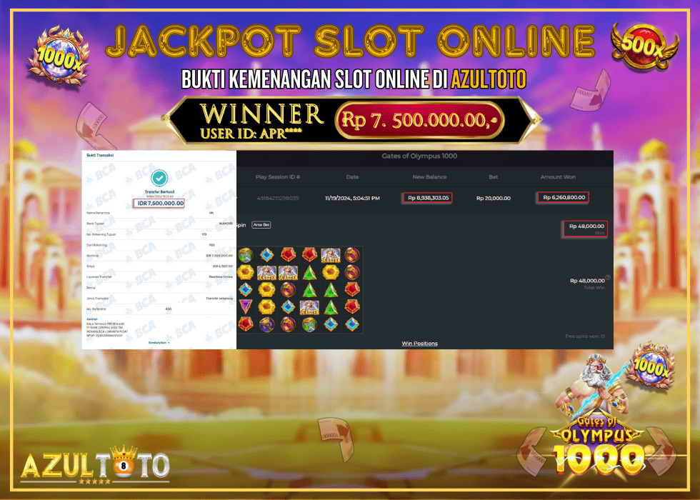 JACKPOT SLOT GATES OF OLYMPUS 1000 RP.7.500.000,- LUNAS DI AZULTOTO!