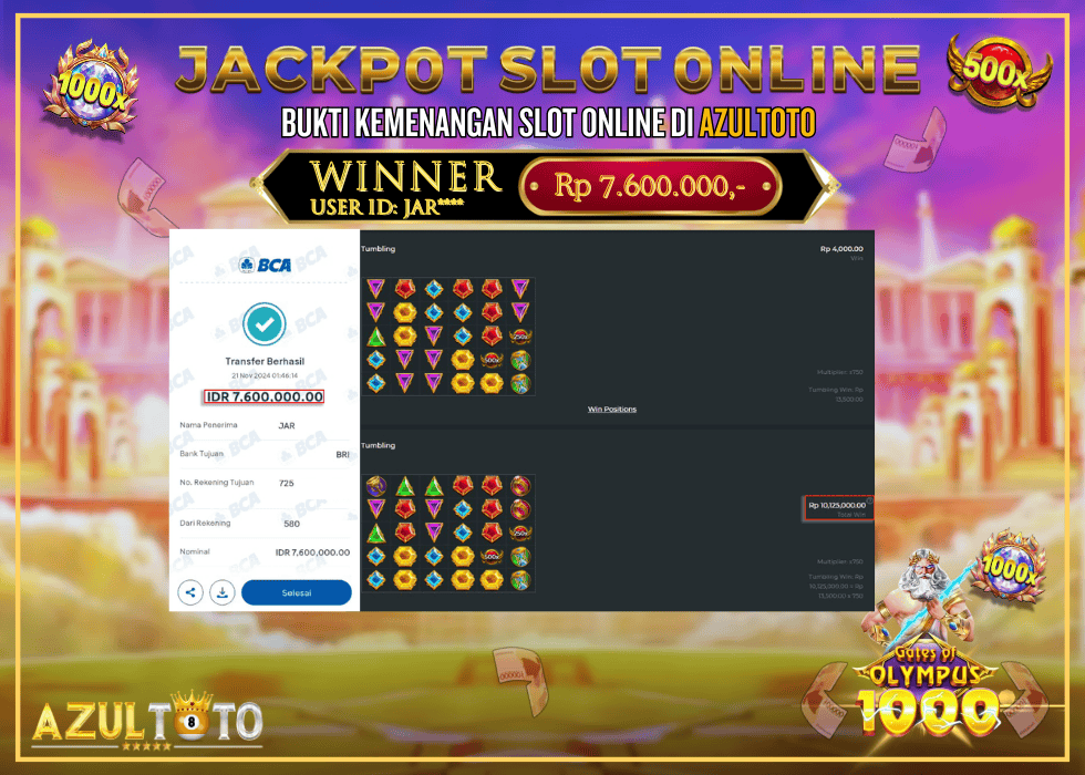 JACKPOT SLOT GATES OF OLYMPUS 1000 RP.7.600.000,- LUNAS DI AZULTOTO!