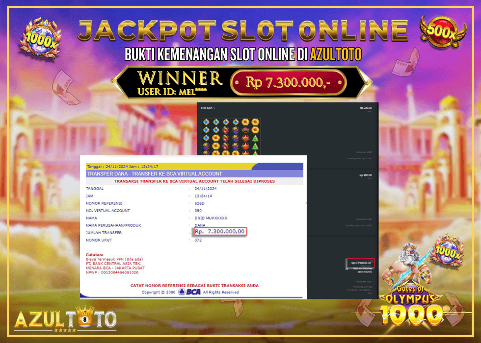 JACKPOT SLOT GATES OF OLYMPUS 1000 RP.7.300.000,- LUNAS DI AZULTOTO!