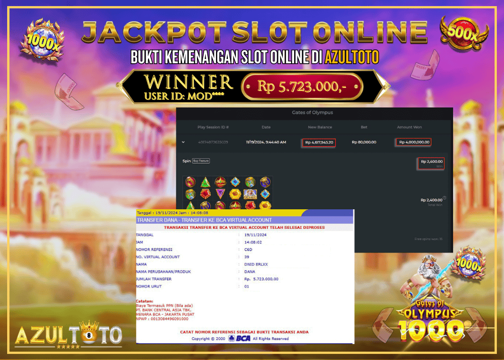 JACKPOT SLOT GATES OF OLYMPUS 1000 RP.5.723.000,- LUNAS DI AZULTOTO!