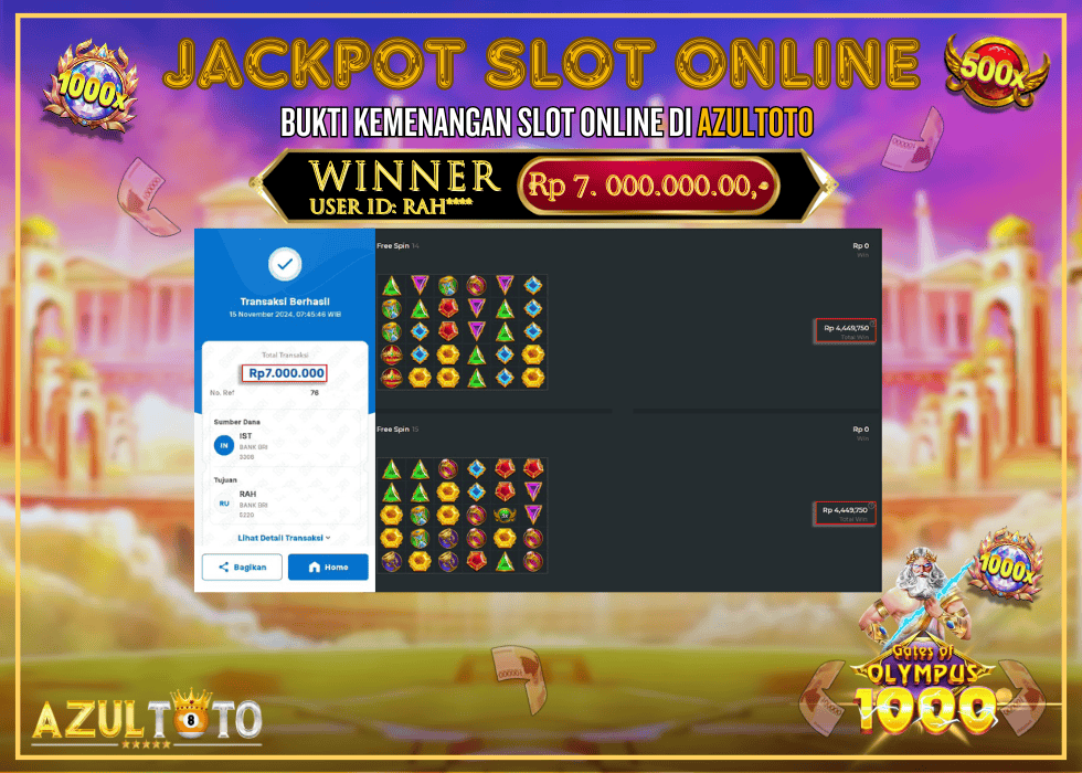 JACKPOT SLOT GATES OF OLYMPUS 1000 RP.7.000.000,- LUNAS DI AZULTOTO!