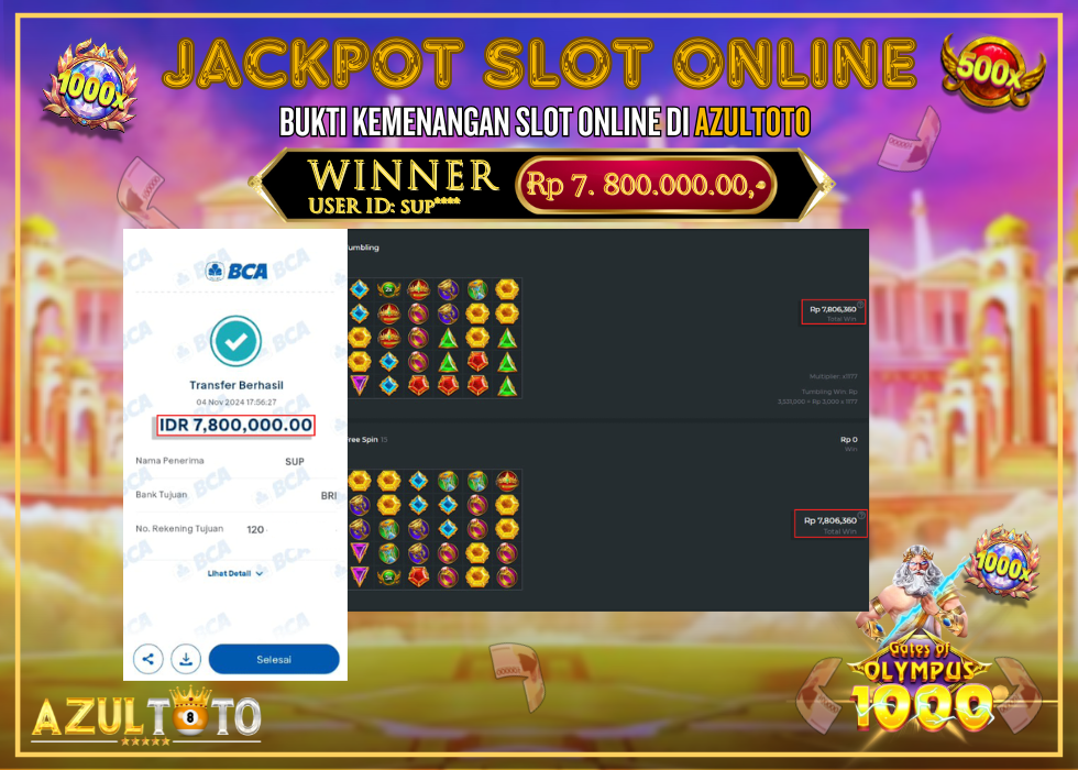 JACKPOT SLOT GATES OF OLYMPUS 1000 RP.7.800.000,- LUNAS DI AZULTOTO!