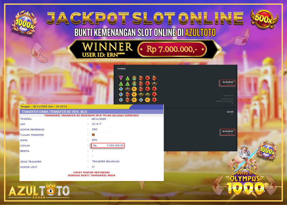 JACKPOT SLOT GATES OF OLYMPUS 1000 RP.7.000.000,- LUNAS DI AZULTOTO!