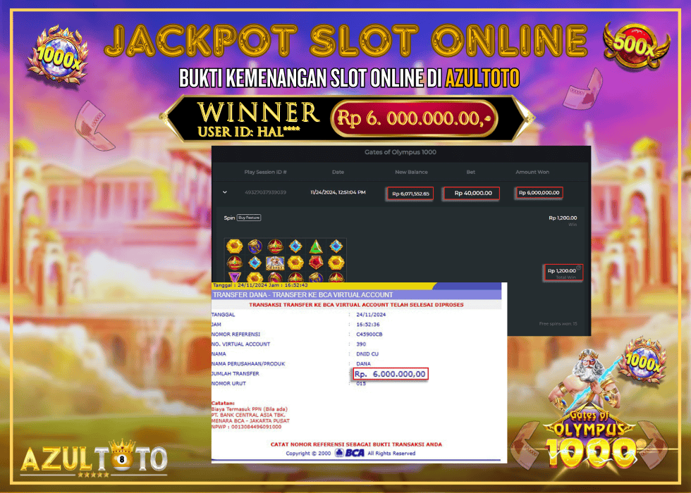 JACKPOT SLOT GATES OF OLYMPUS 1000 RP.6.000.000,- LUNAS DI AZULTOTO!