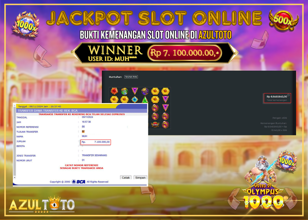 JACKPOT SLOT GATES OF OLYMPUS 1000 RP.7.100.000,- LUNAS DI AZULTOTO!