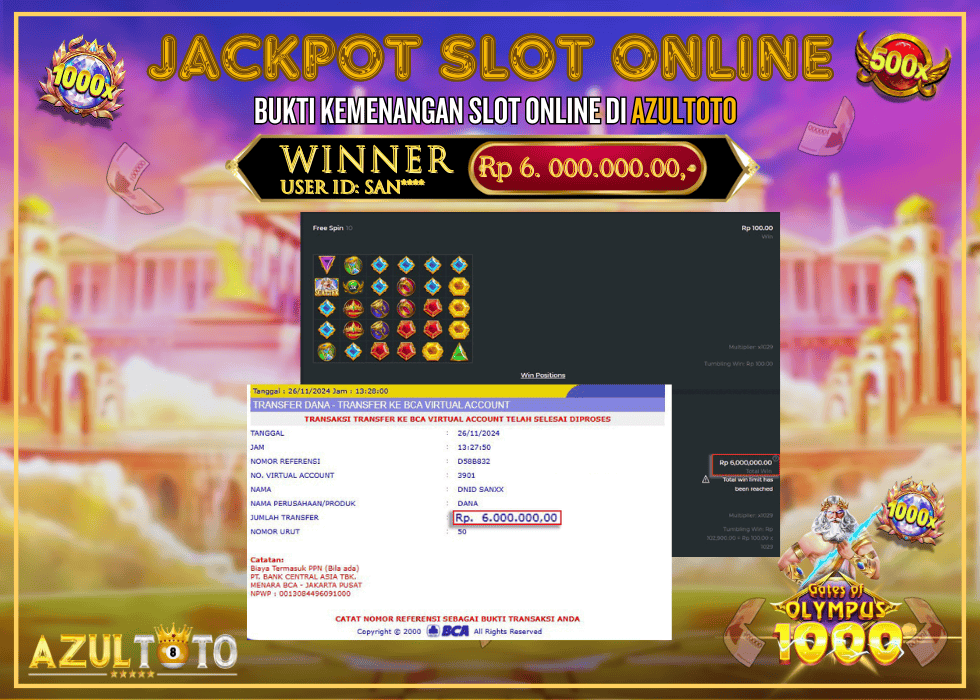 JACKPOT SLOT GATES OF OLYMPUS 1000 RP.6.000.000,- LUNAS DI AZULTOTO!