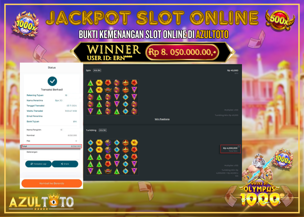 JACKPOT SLOT GATES OF OLYMPUS 1000 RP.8.050.000,- LUNAS DI AZULTOTO!