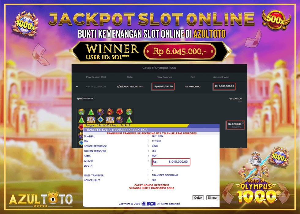 JACKPOT SLOT GATES OF OLYMPUS 1000 RP.6.045.000,- LUNAS DI AZULTOTO!