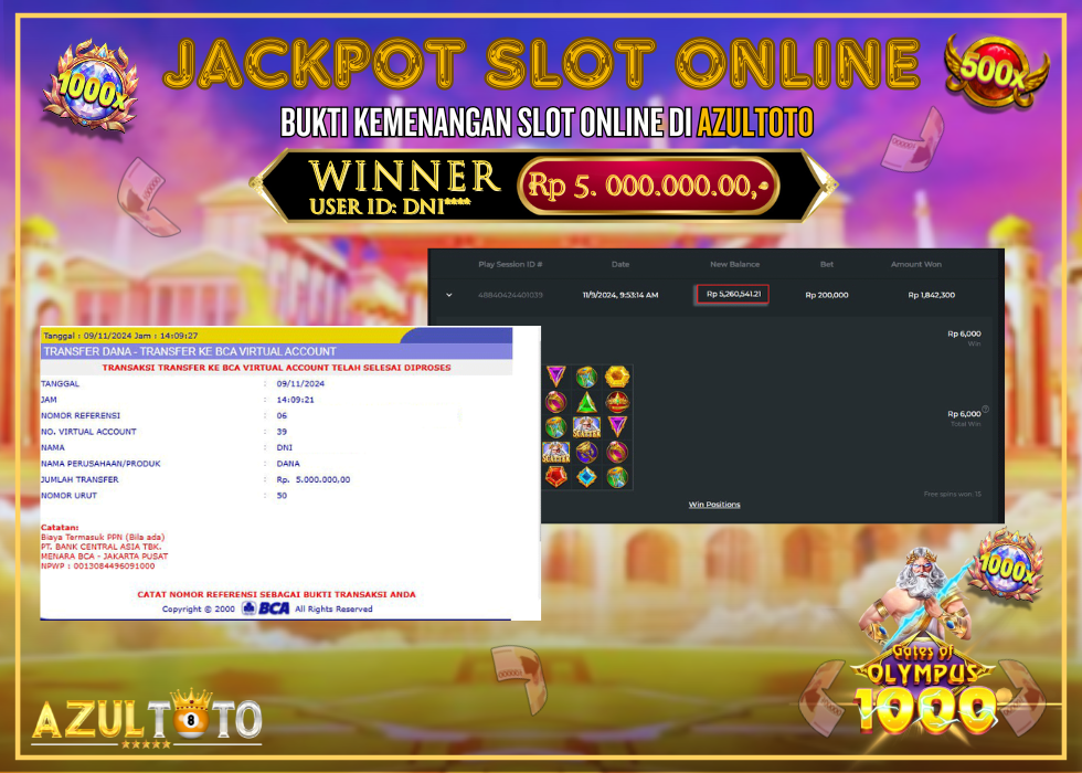 JACKPOT SLOT GATES OF OLYMPUS 1000 RP.5.000.000,- LUNAS DI AZULTOTO!