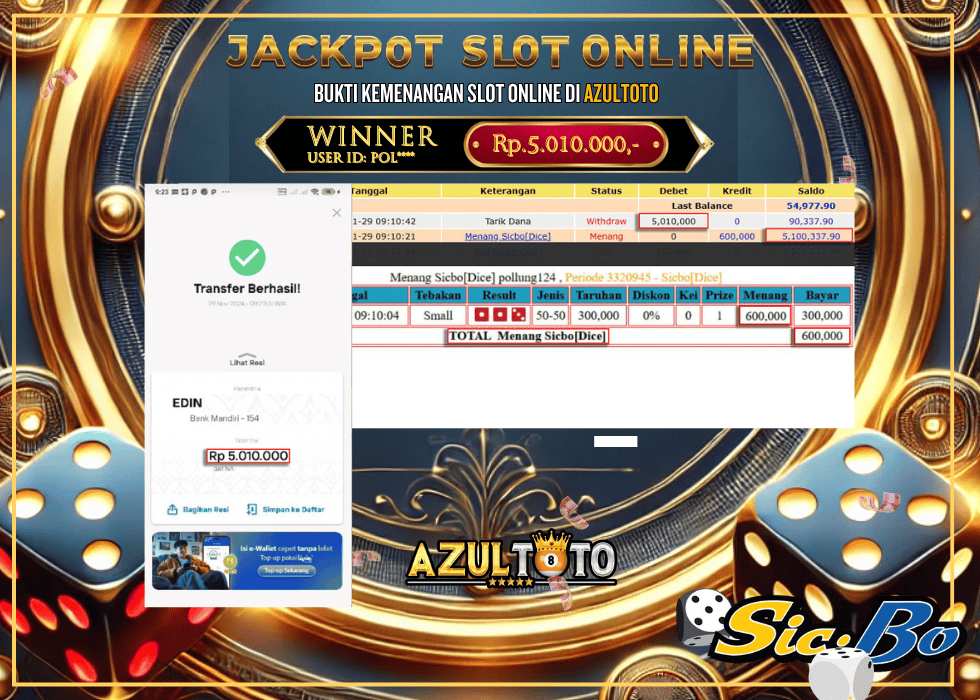 JACKPOT CASINO SICBO DICE RP.5.010.000,- LUNAS DI AZULTOTO!