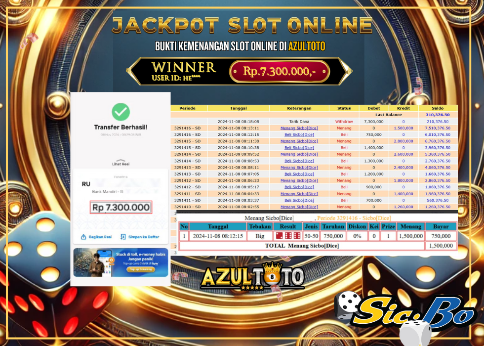 JACKPOT CASINO SICBO DICE RP.7.300.000,- LUNAS DI AZULTOTO!