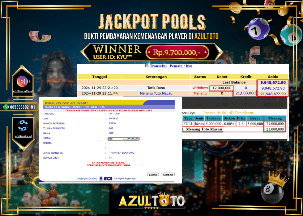 JACKPOT TOGEL TOTOMACAU 4D RP.9.700.000,- LUNAS DI AZULTOTO!