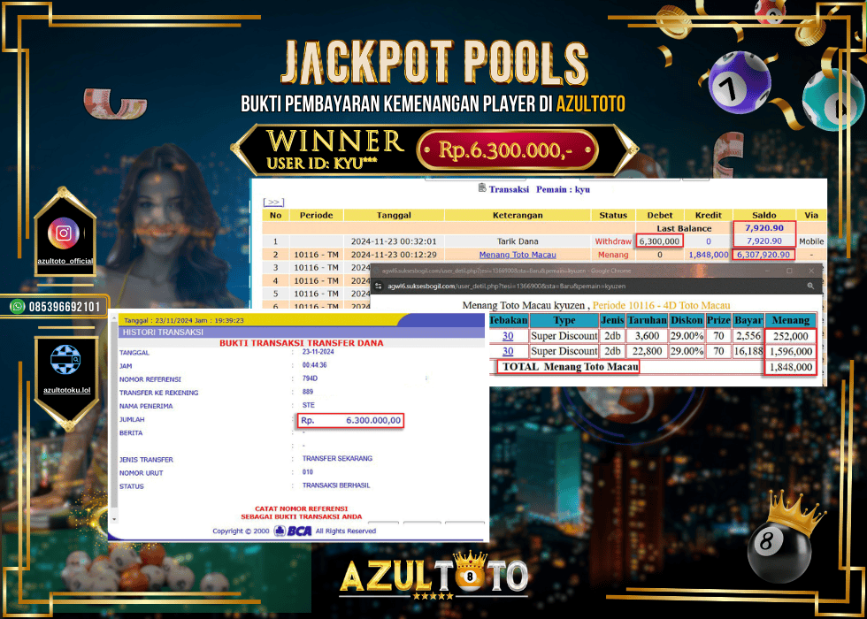 JACKPOT TOGEL TOTOMACAU 4D RP.6.300.000,- LUNAS DI AZULTOTO!