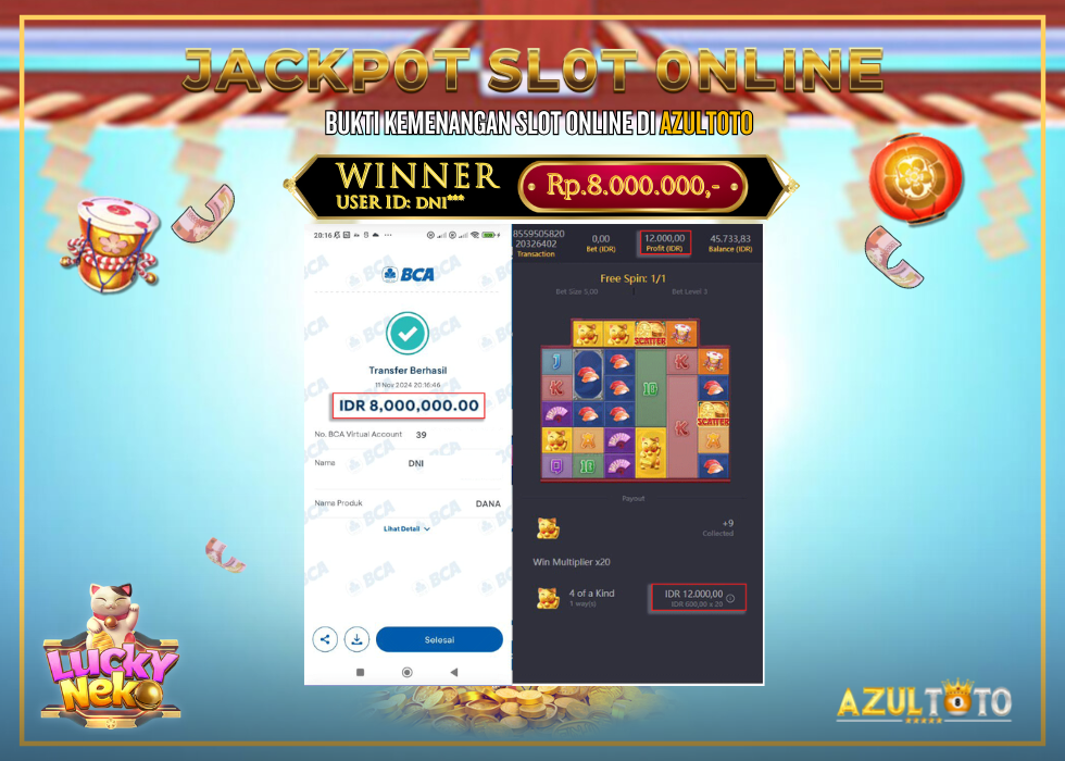 JACKPOT SLOT LUCKY NEKO RP.8.000.000,- LUNAS DI AZULTOTO!