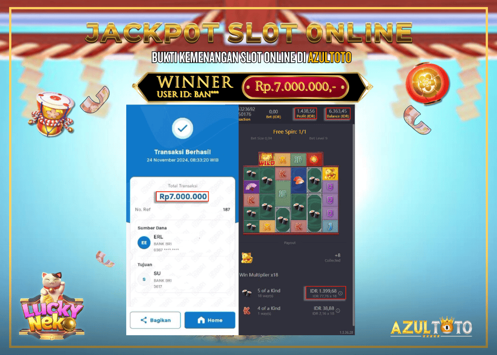 JACKPOT SLOT LUCKY NEKO RP.7.000.000,- LUNAS DI AZULTOTO!