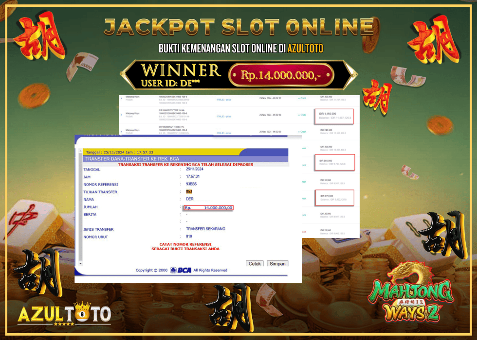 JACKPOT SLOT MAHJONG WAYS  RP.14.000.000,- LUNAS DI AZULTOTO!