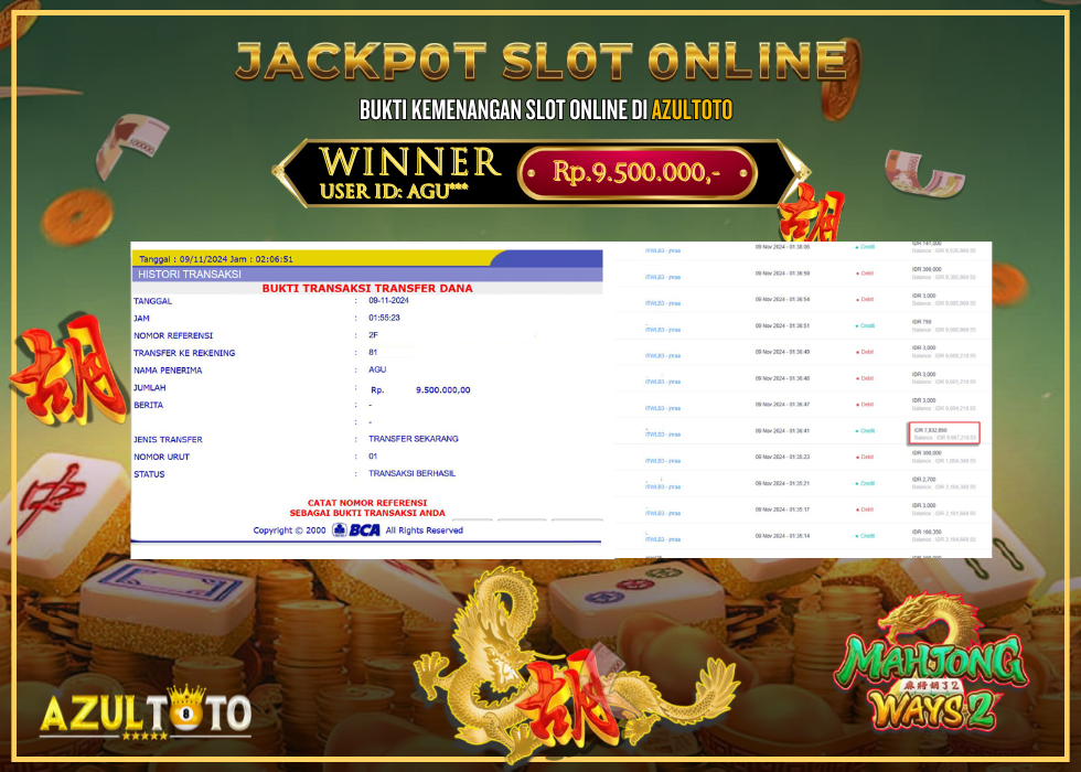 JACKPOT SLOT MAHJONG WAYS 2 RP.9.500.000,- LUNAS DI AZULTOTO!
