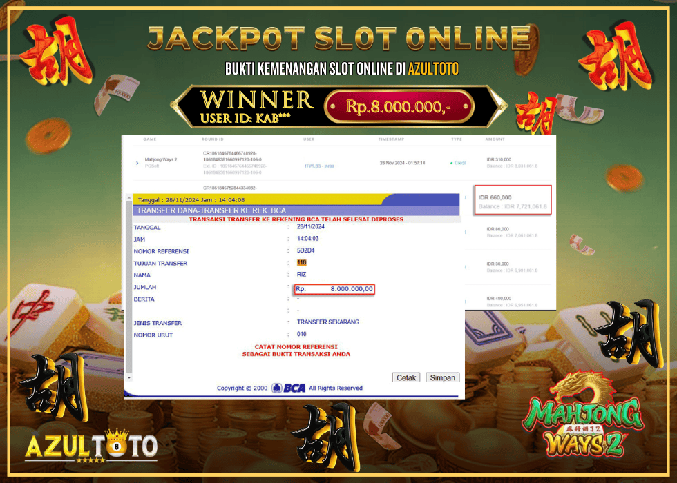 JACKPOT SLOT MAHJONG WAYS 2 RP.8.000.000,- LUNAS DI AZULTOTO!