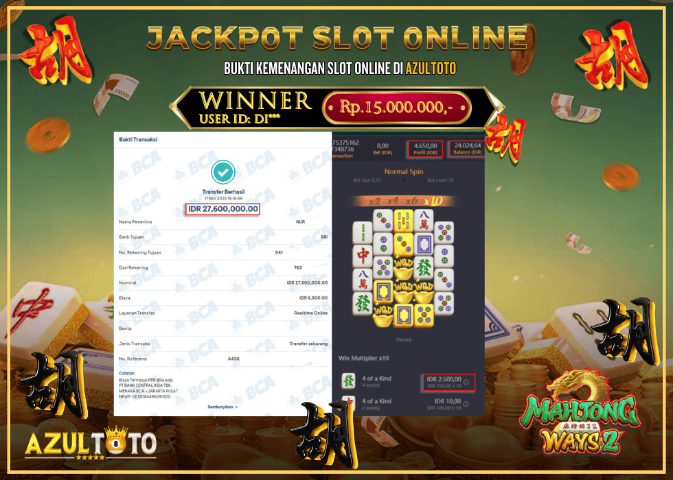 JACKPOT SLOT MAHJONG WAYS 2 RP.15.000.000,- LUNAS DI AZULTOTO!