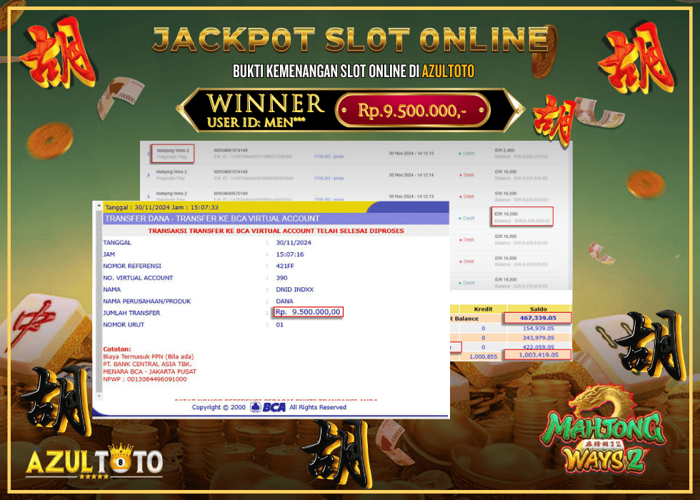 JACKPOT SLOT MAHJONG WAYS 2 RP.9.500.000,- LUNAS DI AZULTOTO!