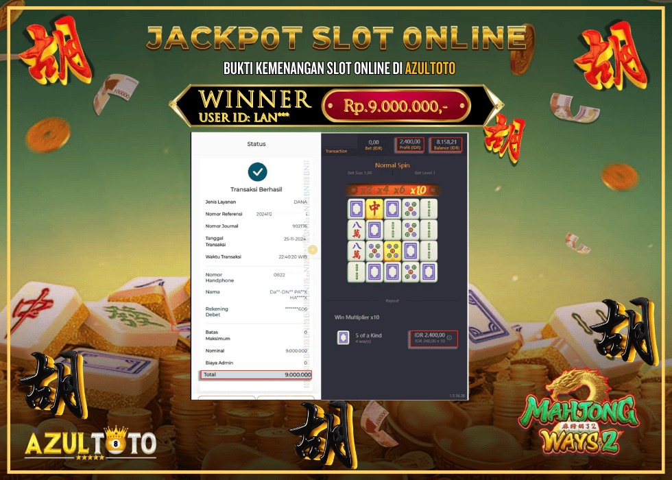 JACKPOT SLOT MAHJONG WAYS 2 RP.9.000.000,- LUNAS DI AZULTOTO!