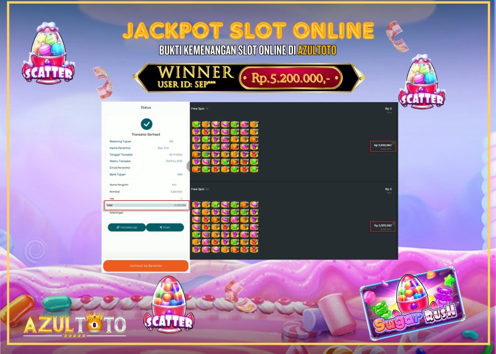 JACKPOT SLOT SUGAR RUSH 1000 RP.5.200.000,- LUNAS DI AZULTOTO!