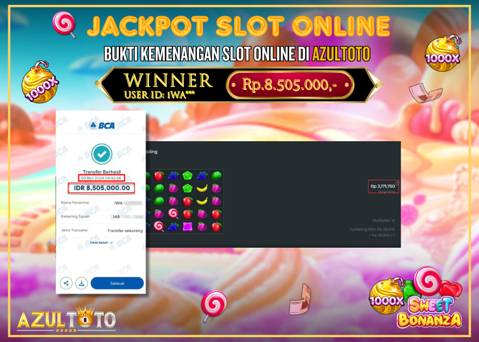 JACKPOT SLOT SWEET BONANZA 1000 RP.8.505.000,- LUNAS DI AZULTOTO!