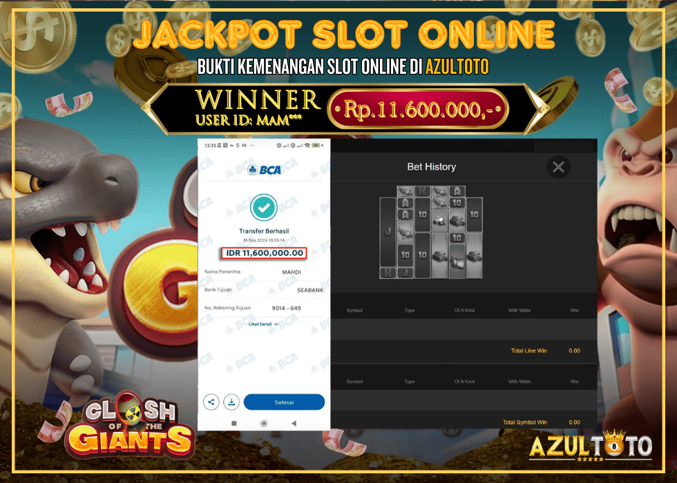 JACKPOT SLOT SPADEGAMING CLASH OF THE GIANTS RP.11.600.000,- LUNAS DI AZULTOTO!