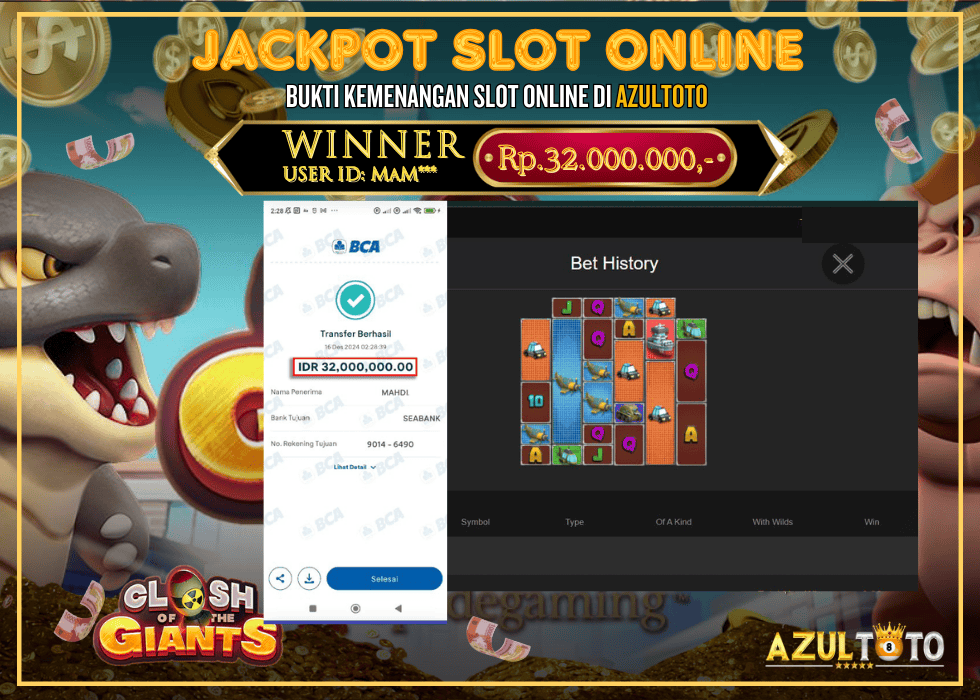 JACKPOT SLOT SPADEGAMING CLASH OF THE GIANTS RP.32.000.000,- LUNAS DI AZULTOTO!