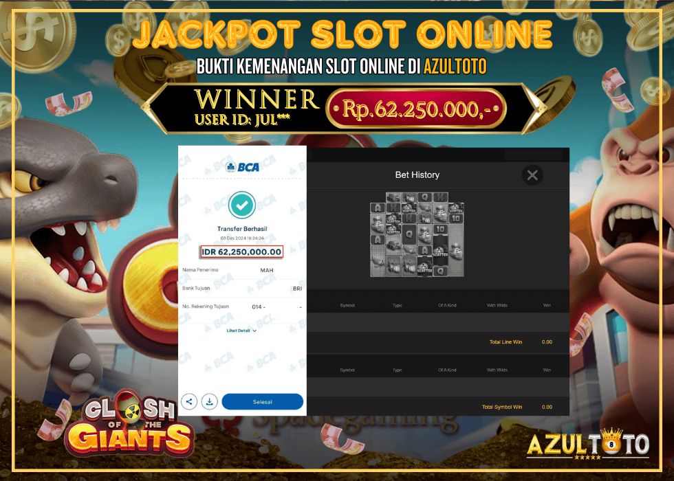 JACKPOT SLOT SPADEGAMING CLASH OF THE GIANTS RP.62.250.000,- LUNAS DI AZULTOTO!