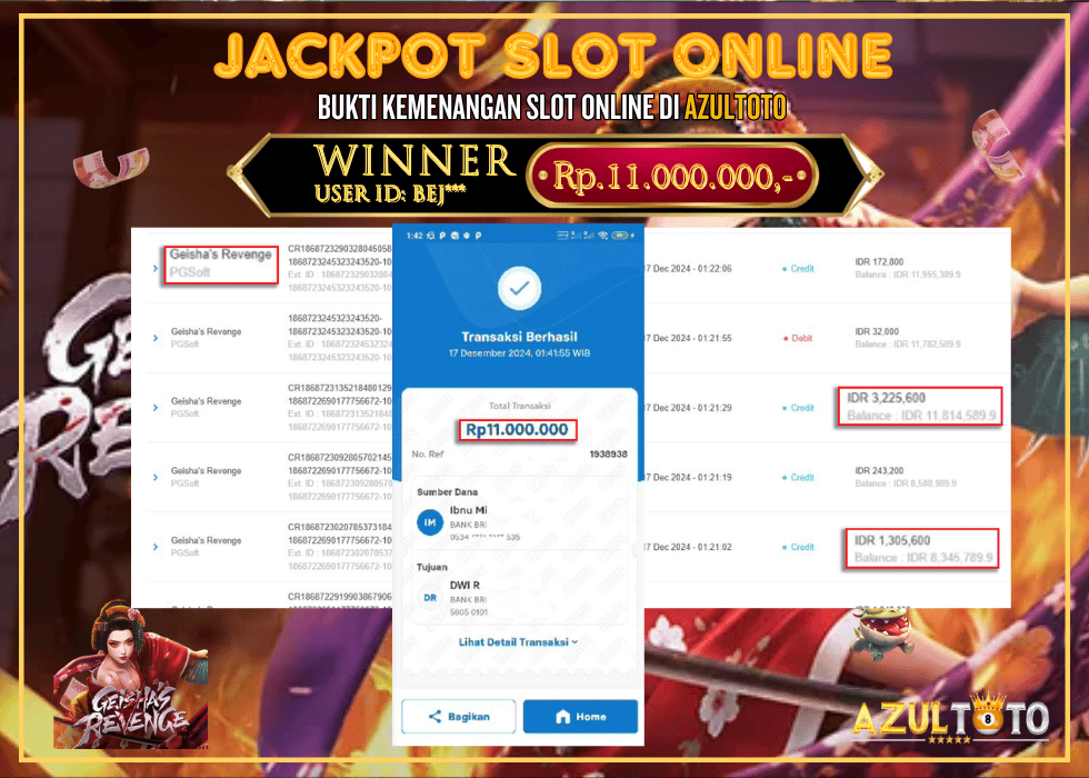 JACKPOT SLOT GEISHA’S REVENGE PG SOFT RP.11.000.000,- LUNAS DI AZULTOTO!