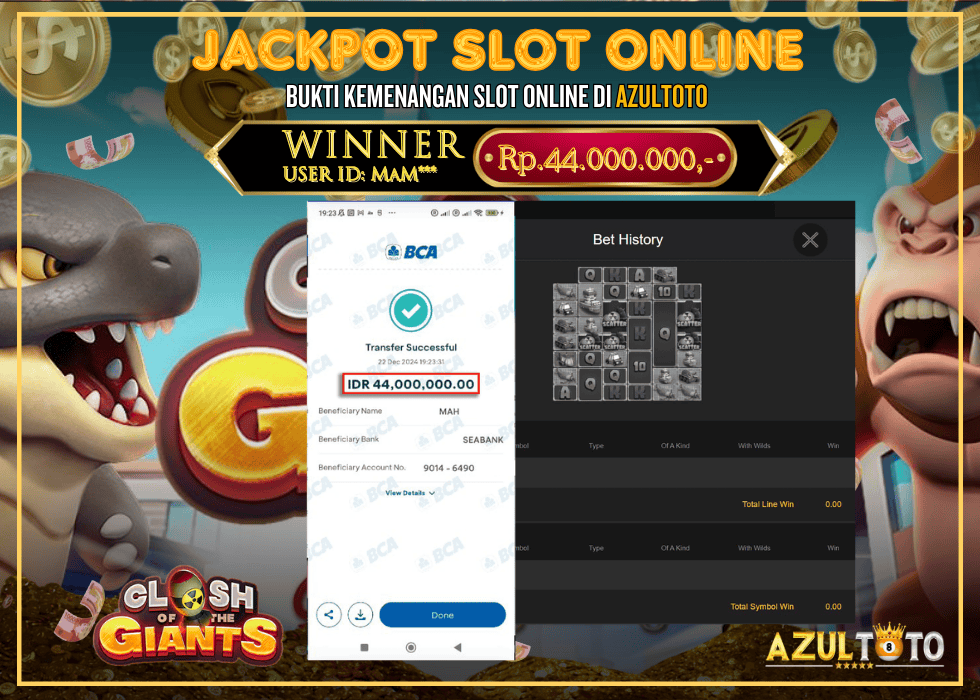 JACKPOT SLOT SPADEGAMING CLASH OF THE GIANTS RP.44.000.000,- LUNAS DI AZULTOTO!