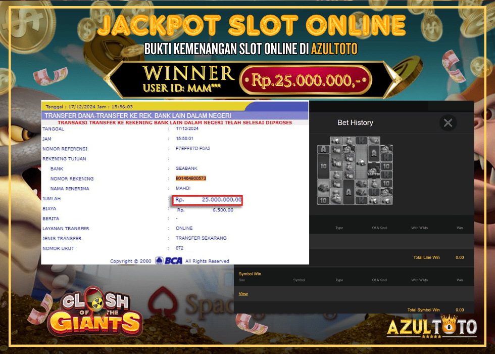 JACKPOT SLOT SPADEGAMING CLASH OF THE GIANTS RP.25.000.000,- LUNAS DI AZULTOTO!