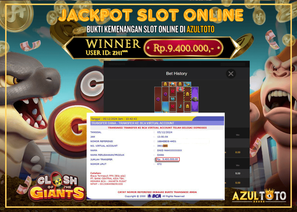 JACKPOT SLOT SPADEGAMING CLASH OF THE GIANTS RP.9.400.000,- LUNAS DI AZULTOTO!
