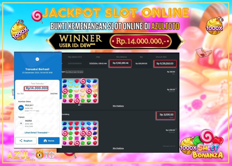 JACKPOT SLOT SWEET BONANZA 1000 RP.14.000.000,- LUNAS DI AZULTOTO!