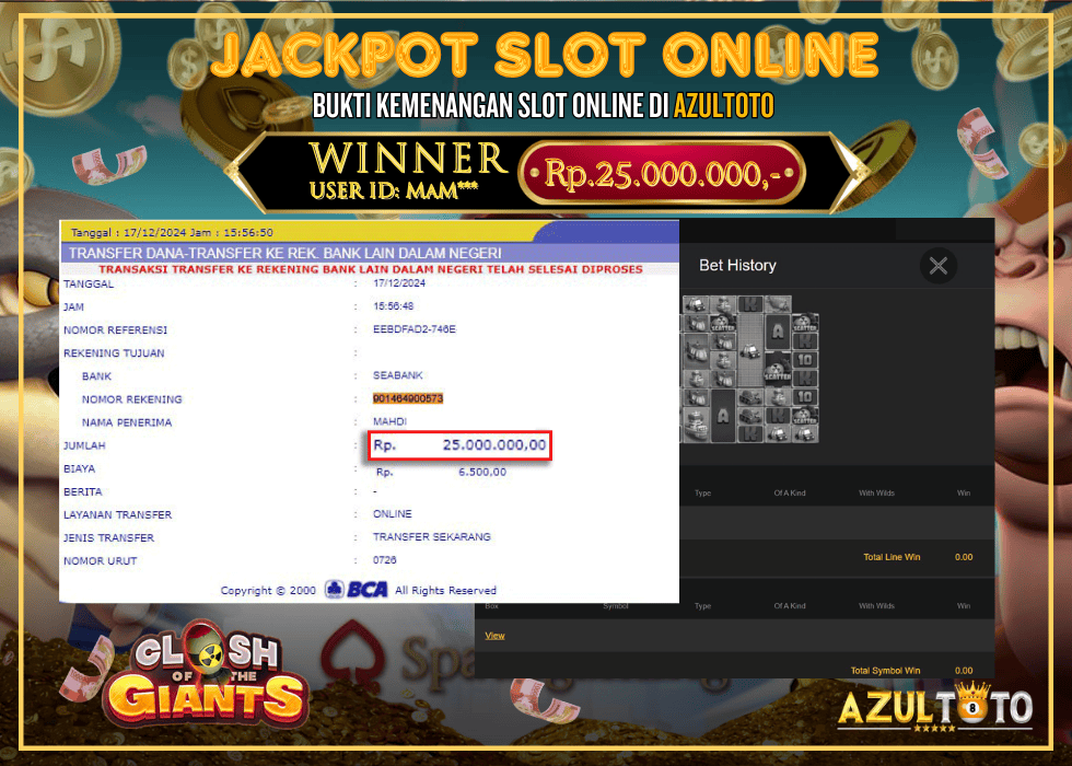 JACKPOT SLOT SPADEGAMING CLASH OF THE GIANTS RP.25.000.000,- LUNAS DI AZULTOTO!