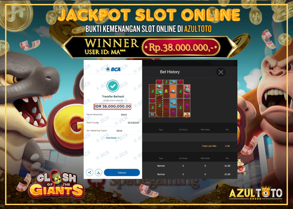 JACKPOT SLOT SPADEGAMING CLASH OF THE GIANTS RP.38.000.000,- LUNAS DI AZULTOTO!