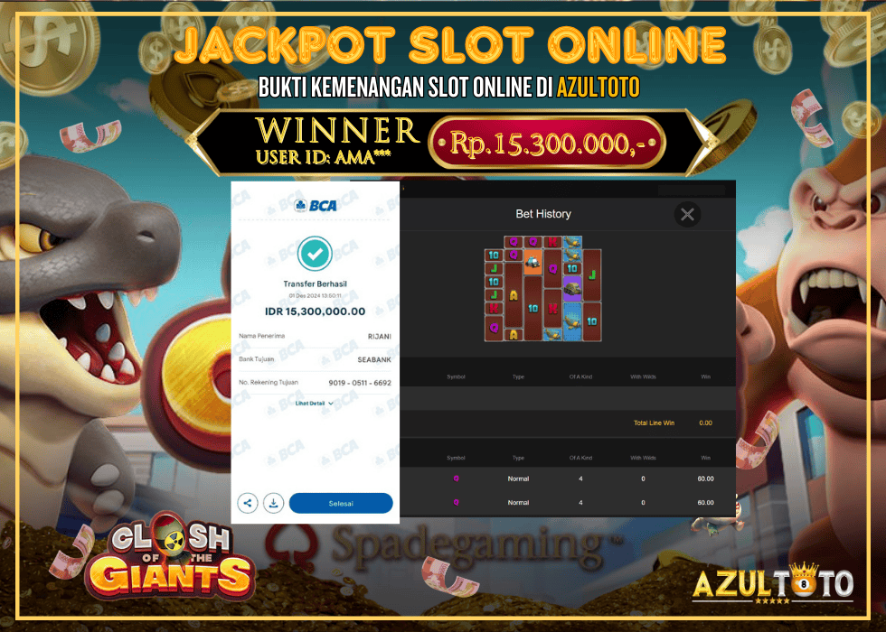 JACKPOT SLOT SPADEGAMING CLASH OF THE GIANTS RP.15.300.000,- LUNAS DI AZULTOTO!