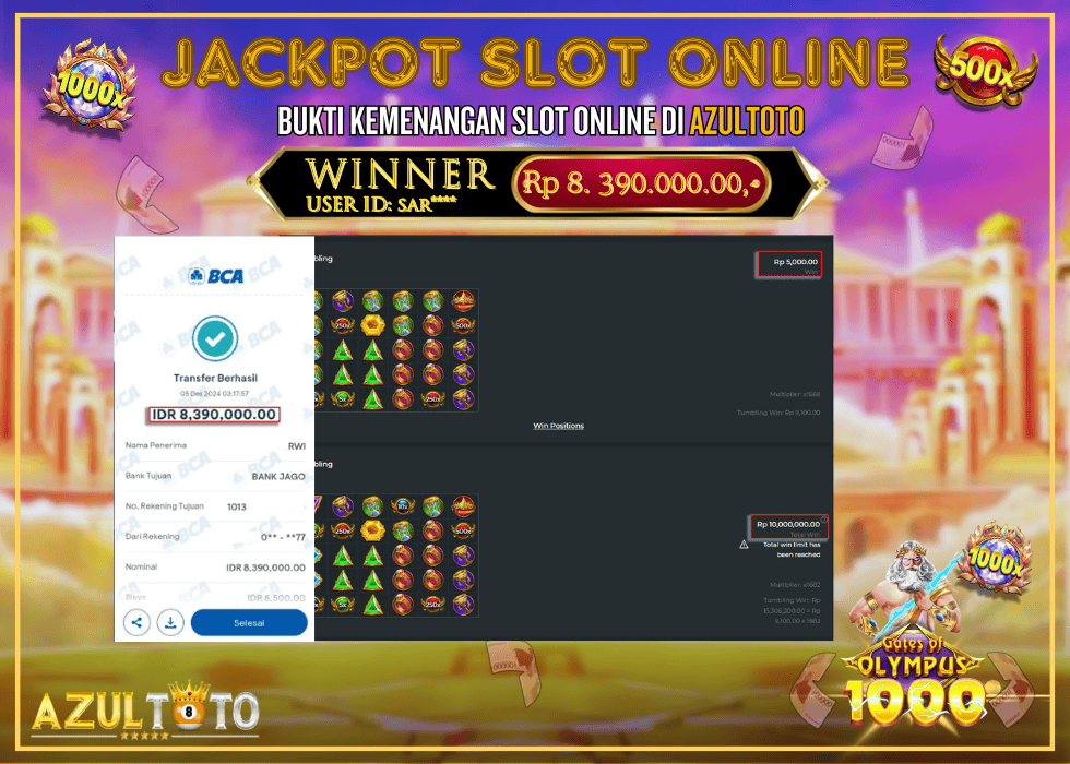 JACKPOT SLOT GATES OF OLYMPUS 1000 RP.8.390.000,- LUNAS DI AZULTOTO!
