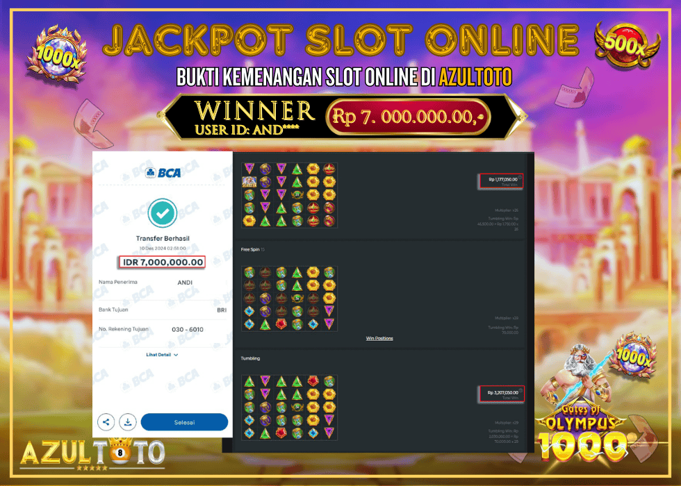 JACKPOT SLOT GATES OF OLYMPUS 1000 RP.7.000.000,- LUNAS DI AZULTOTO!