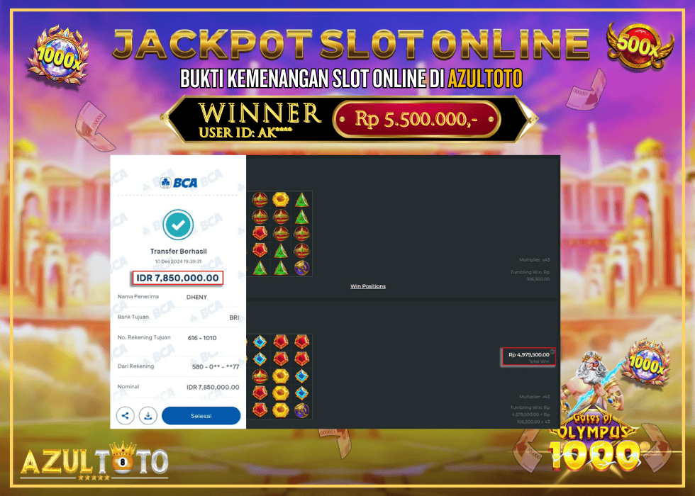 JACKPOT SLOT GATES OF OLYMPUS 1000 RP.7.850.000,- LUNAS DI AZULTOTO!