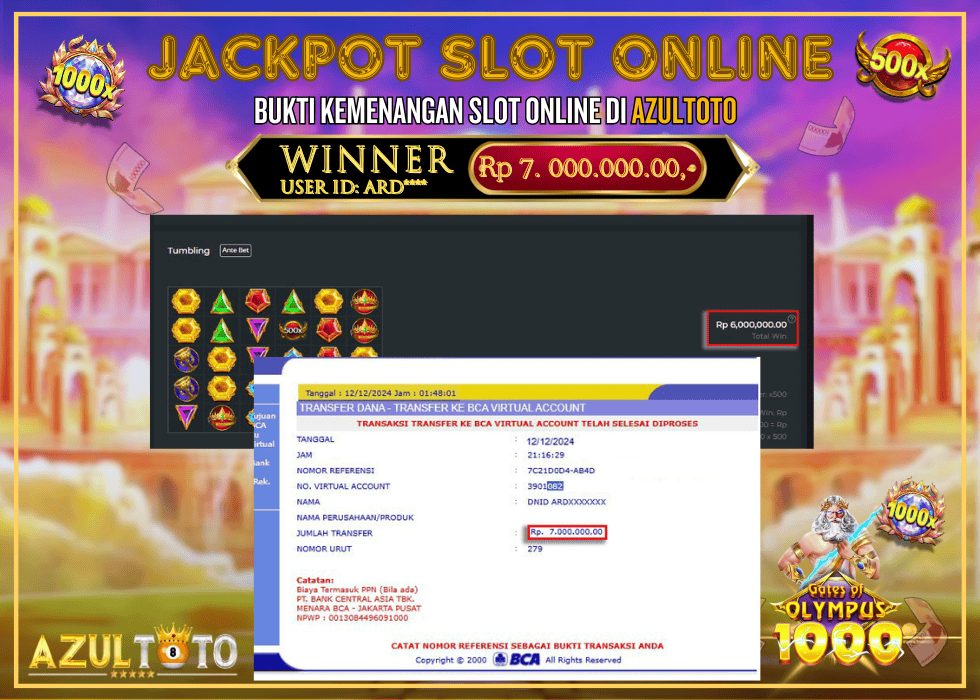 JACKPOT SLOT GATES OF OLYMPUS 1000 RP.7.000.000,- LUNAS DI AZULTOTO!