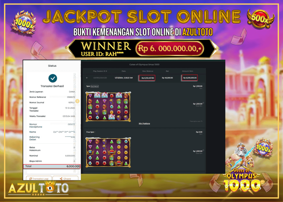 JACKPOT SLOT GATES OF OLYMPUS 1000 RP.6.000.000,- LUNAS DI AZULTOTO!