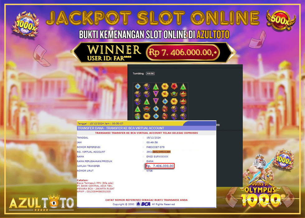 JACKPOT SLOT GATES OF OLYMPUS 1000 RP.7.406.000,- LUNAS DI AZULTOTO!