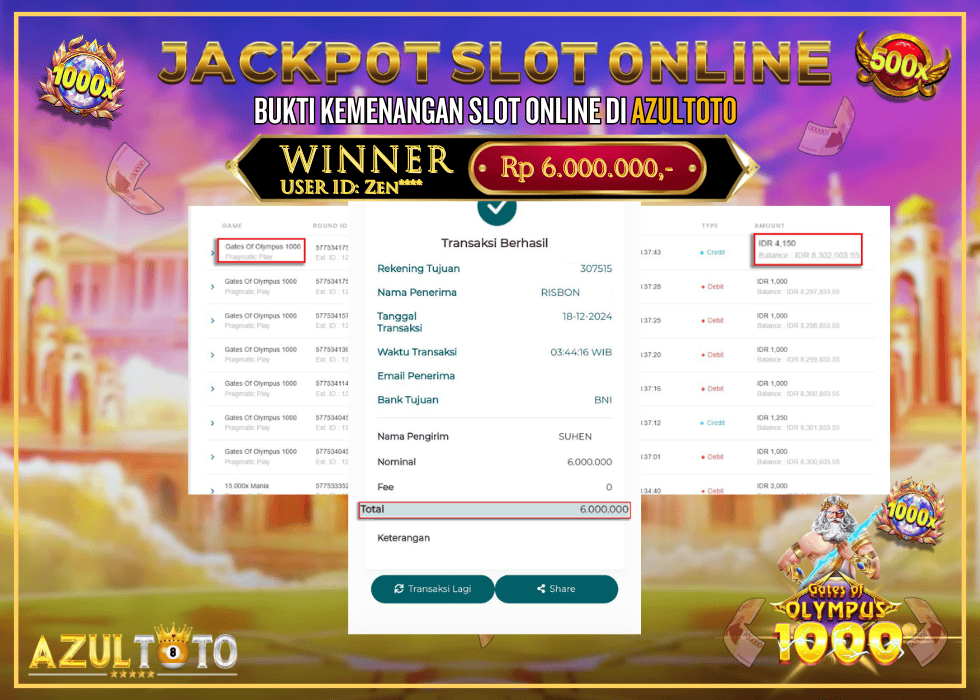 JACKPOT SLOT GATES OF OLYMPUS 1000 RP.6.000.000,- LUNAS DI AZULTOTO!