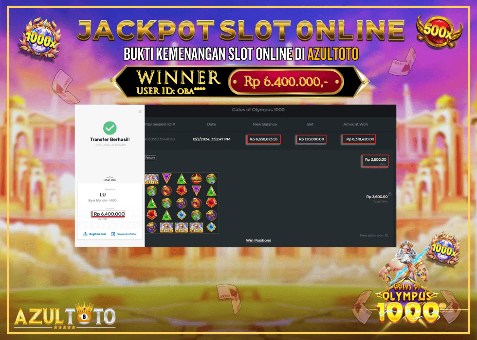 JACKPOT SLOT GATES OF OLYMPUS 1000 RP.6.400.000,- LUNAS DI AZULTOTO!